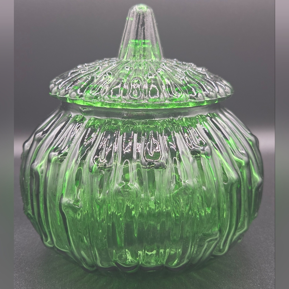 Vintage Green Glass Art Pumpkin Honey Pot Bowl With Lid
